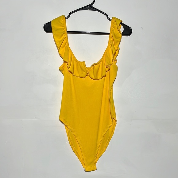 SHEIN Tops - Shein Yellow Ruffle Ribbed Bodysuit Size M